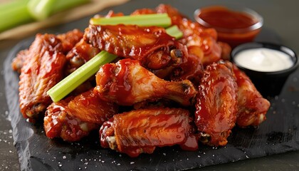 Chicken Wing Heaven, Highlight the crave-worthy appeal of chicken wings with images of crispy, saucy wings served with dipping sauces and celery sticks