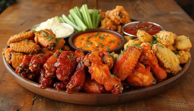 Chicken Wing Heaven, Highlight the crave-worthy appeal of chicken wings with images of crispy, saucy wings served with dipping sauces and celery sticks