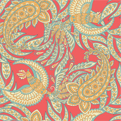Seamless pattern with ethnic flowers ,leaf and birds vector floral illustration in vintage style - 782130473