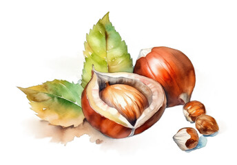 Illustration watercolor of Heap of Healthy Hazelnuts, on transparent background with png file. Cut out background.