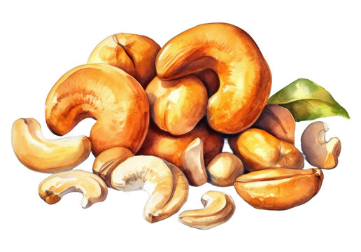 Illustration watercolor of Cashew nuts, on transparent background with png file. Cut out background.
