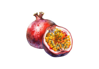 Illustration watercolor of fresh passion fruit, on transparent background with png file. Cut out background.