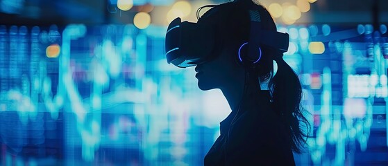 Fototapeta premium Silhouette of a person using a virtual reality headset for stock analysis, blue neon lighting, side view