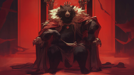 Urso sentado rei com uma coroa sentado em um trono - Ilustração 