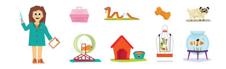 Pet Cure and Medical Treatment with Animal at Veterinary Vector Set