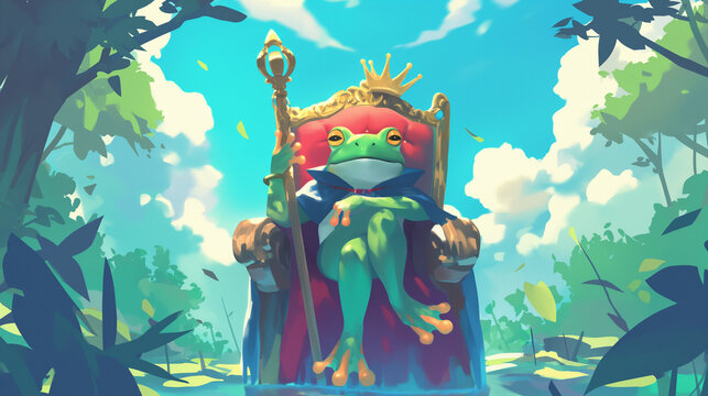 Sapo rei com uma coroa sentado em um trono - Ilustração