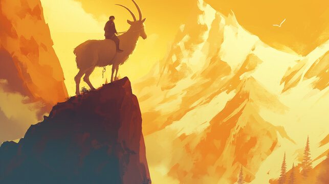 Homem montando um carneiro na montanha - Ilustração