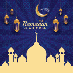 Ramadan Kareem poster design with mosque, arabic calligraphy, crescent moon and lantern. Greeting card islamic celebration poster for graphic design.  Vector illustration EPS 10. 