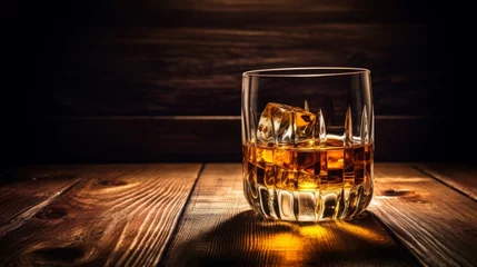 Fotobehang Whiskey glass with ice cubes on dark background, perfect for advertising. Amber-colored whiskey or bourbon in an old fashioned glass with ice cubes on a dark background. Isolated on black.  © Helen-HD