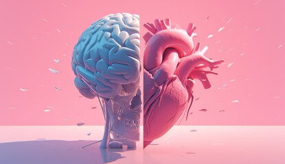 3d render of brain and heart side by side on pink background. Concept for mental health, love your self concept  - obrazy, fototapety, plakaty
