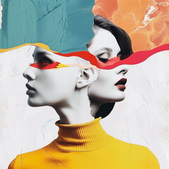 Contemporary art collage. Portrait of beautiful woman and mannequin with bright makeup.