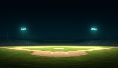 A baseball field at night with lights shining on the grass, empty and ready for action. 