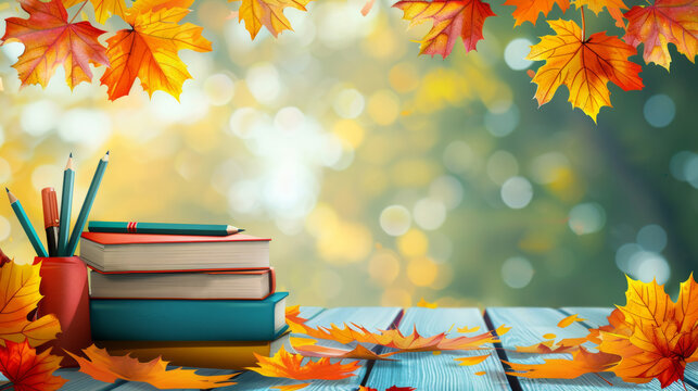 Autumn school background with books, pencil and orange leaves