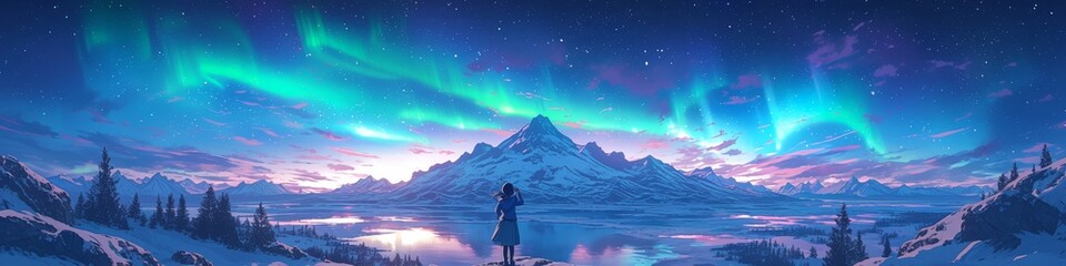 A breathtaking panoramic view of the Northern Lights over snowcovered mountains, with vibrant green and purple lights dancing in the sky above an icy lake 