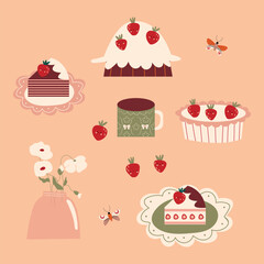Food sweet set. Isolated illustrations of pie, cake, vase with flowers, mug of tea and strawberries. Sweet pastries, cake, sweets, desserts. A collection of delicious, high-calorie food. Illustration 