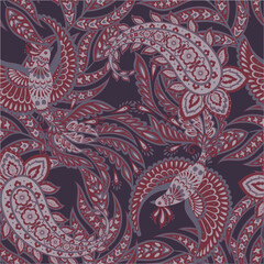 Floral seamless pattern with paisley ornament. Vector illustration in asian textile style  - 782133090