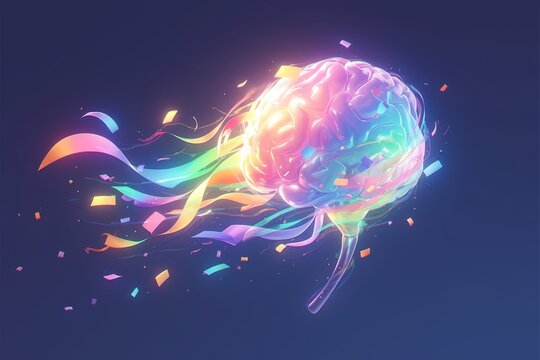 A colorful brain with creative ideas, exploding in rainbow colors against a black background. The concept of intelligence and creativity s