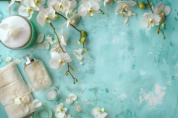 Spa setting with orchid flowers and body care and cosmetic tools on shabby chic turquoise background, top view, banner. Wellness concept - obrazy, fototapety, plakaty