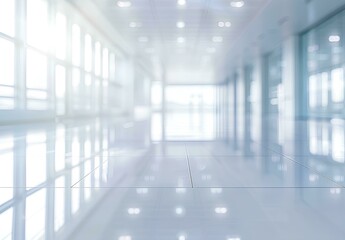 Blurred background of a hospital hall with a white floor and panoramic windows. Space for text. Background concept in the style of business, health care or medical design.