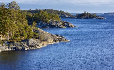 View of Bjorno nature reserve on a nice winter evening in the Stockholm archipelago