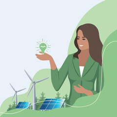 Wind generators and solar panels on an abstract green background. Green energy image. Protection of ecology and environment. Vector illustration with empty space for text. - 782134003