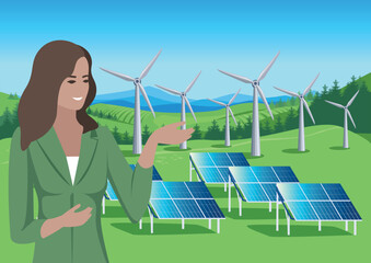 A friendly girl shows wind generators and solar panels against the backdrop of a beautiful landscape. Green energy. Protection of ecology and environment. Horizontal vector illustration. - 782134016