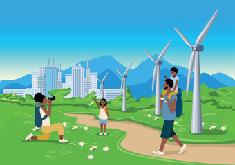 A family with children is photographed against the backdrop of wind generators by the road near a big city. Green energy. Protection of ecology and environment. Horizontal vector illustration. - 782134020