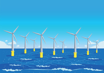 Wind power plant with many wind generators in the sea among the waves. Green energy. Protection of ecology and environment. Horizontal vector illustration.