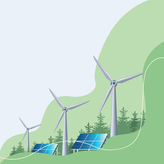 Wind generators and solar panels on an abstract green background. Green energy image. Protection of ecology and environment. Vector illustration with empty space for text. - 782134046