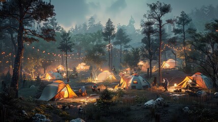 Campsite camaraderie, Capture the convivial atmosphere of a bustling campground, with tents pitched closely together and campers socializing around communal areas