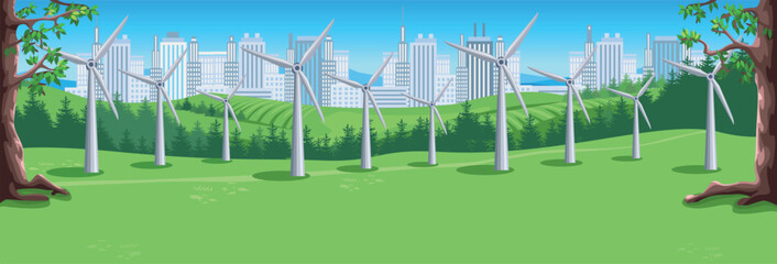 Wind power plant against the backdrop of a beautiful landscape and skyscrapers of a big city. Green energy. Protection of ecology and environment. Horizontal vector illustration. - 782134061
