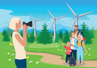 A family with children is photographed against the backdrop of wind generators by the road near a big city. Green energy. Protection of ecology and environment. Horizontal vector illustration. - 782134065