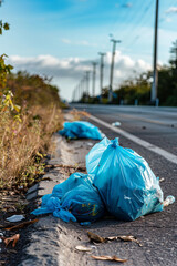 Blue plastic garbage bags on the roadside