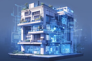 A cross-section of an apartment building with all the rooms connected by blue data lines