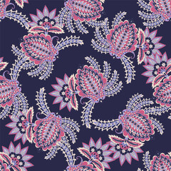 Paisley Floral Vector Pattern. Seamless Asian Textile Background - 782134469
