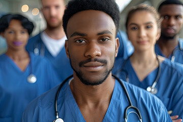 Confident multiethnic male nurse in front of his medical team looking at camera - Powered by Adobe