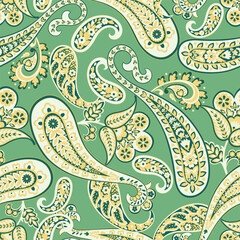 Paisley seamless vector pattern with flowers in Indian style.  - 782134646