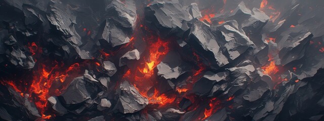 A dark and fiery lava background, with black rocks on the surface of an erupting volcano, creating a dramatic contrast that adds intensity to any game or video  - obrazy, fototapety, plakaty