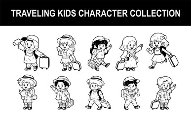 Kids character traveling outline sketch vector illustration set