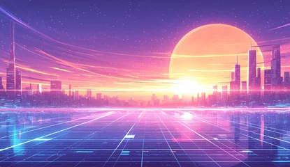 Zelfklevend Fotobehang A digital background with neon grid lines and a futuristic cityscape © Photo And Art Panda
