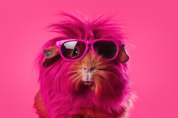 Naklejka premium Cute Gujnea Pig In Funny Sunglasses On A Crimson Background