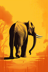 Illustration Of Big African Elephant In Orange Colors