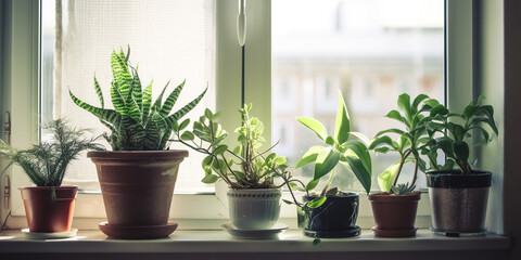 Home Plants In Pots Grow On A Windowsill In The Room