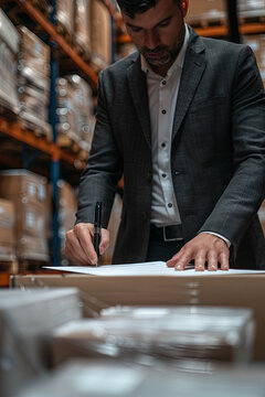 Logistics manager signing a bill of lading after receiving goods for shipment in a warehouse