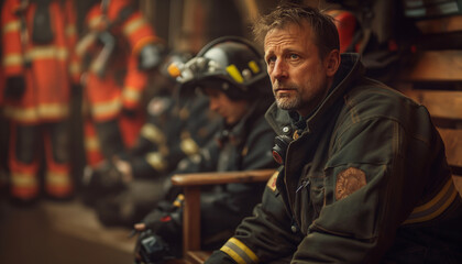 Thoughtful firefighter sits among his gear in fire station, reflecting on challenges of his profession. Contemplative moment of first responder captured in dimly lit environment.