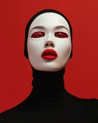 Mysterious woman with black mask and red lips on vibrant red background, creating a striking and alluring image