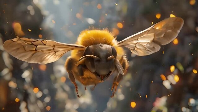 bee flying in the air, close up shot, front view, bokeh background