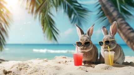 Two funny bunny rabbits in sunglasses with two glasses of a summer drink orange juice on the sandy shore of the ocean sea, the concept of advertising tourism, summer vacation at sea, banner