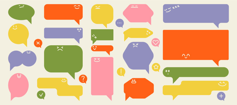 Abstract speech bubbles. Cartoon colorful geometric shapes cute emoji faces, message comic icons