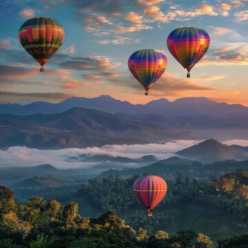 Colorful hot air balloons glide over the mountains at Doi Inthanon in Chiang Mai, Thailand. 